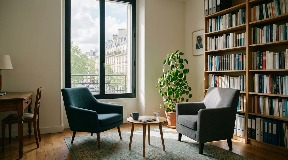 Cabinet de psychiatre avec deux fauteuils face à face